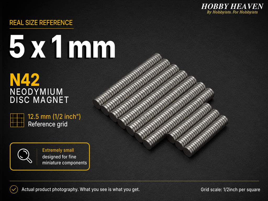 Stacked rows of 5 x 1 mm N42 neodymium disc magnets shown at real size on a half-inch reference grid