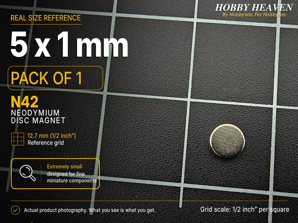 Pack of 1 - single 5 x 1 mm N42 neodymium disc magnet on a half-inch reference grid