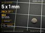 Pack of 1 - single 5 x 1 mm N42 neodymium disc magnet on a half-inch reference grid