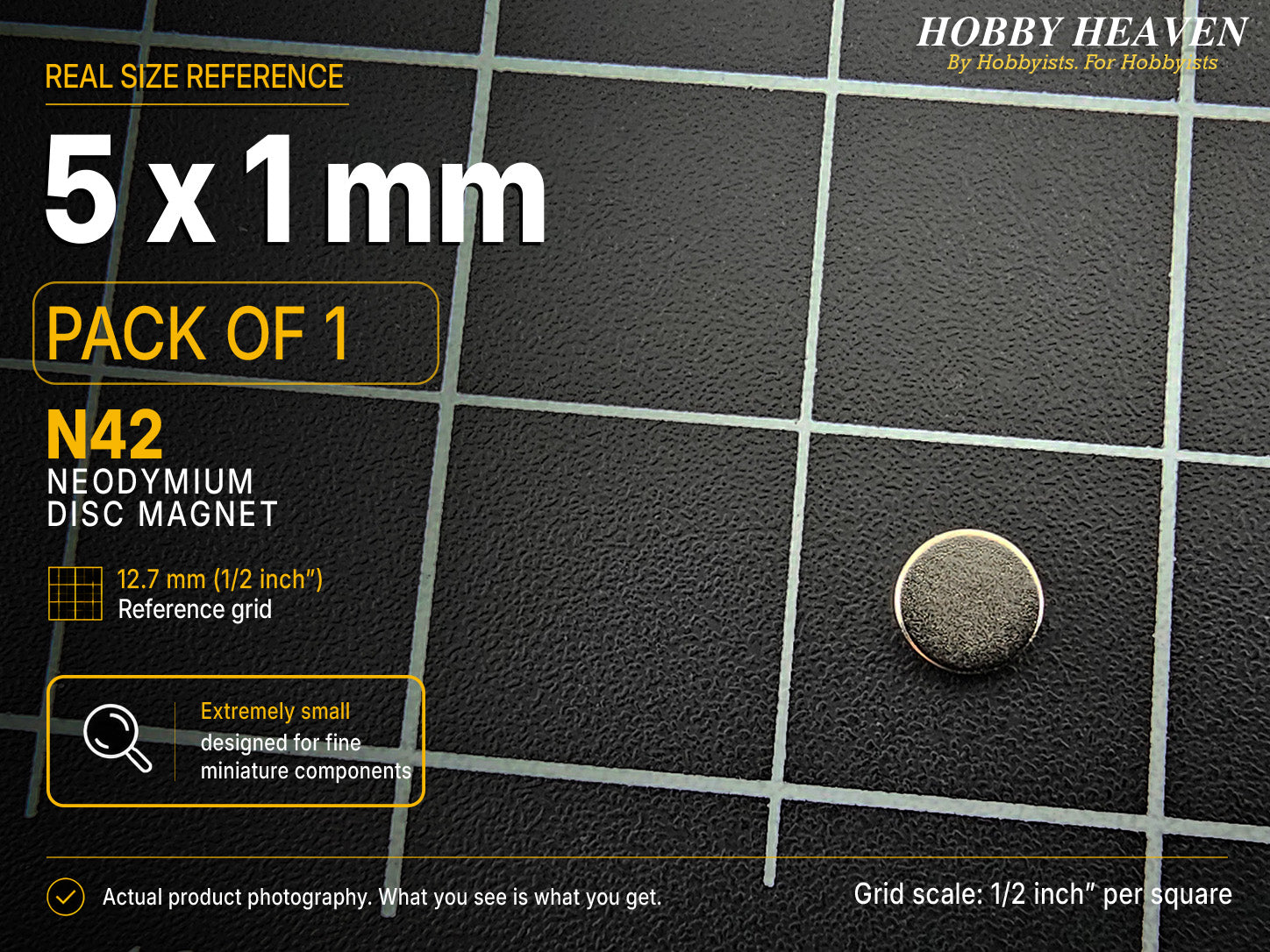 Pack of 1 - single 5 x 1 mm N42 neodymium disc magnet on a half-inch reference grid