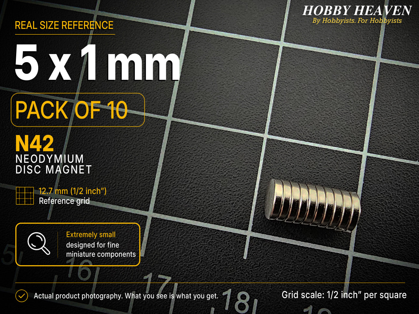 Pack of 10 - 5 x 1 mm N42 neodymium disc magnets stacked in a single column on a half-inch reference grid