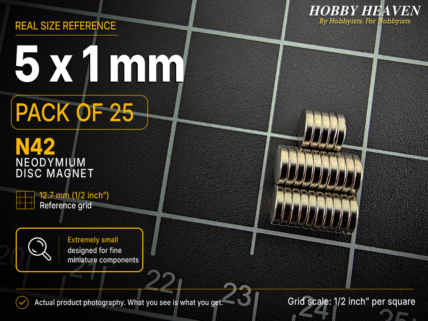 Pack of 25 - 5 x 1 mm N42 neodymium disc magnets in short stacked columns on a half-inch reference grid