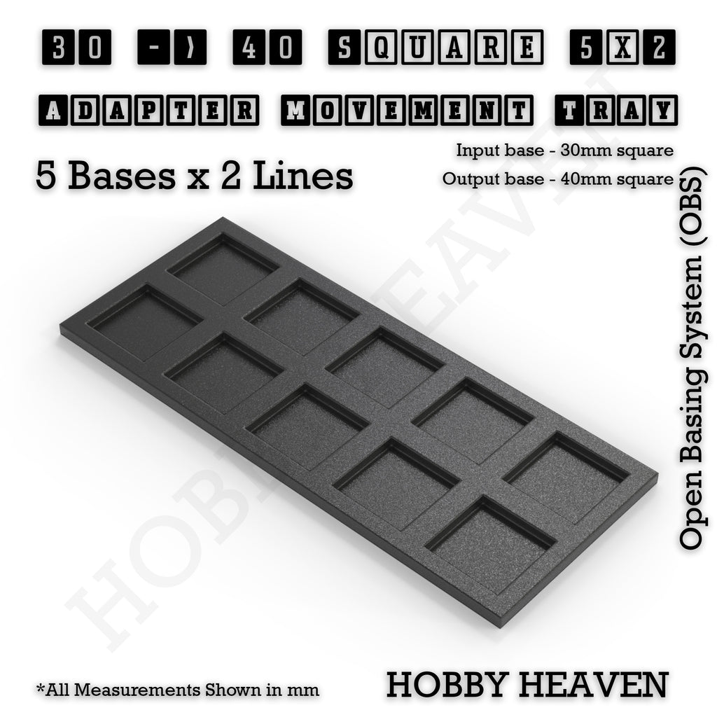 CGI render of the 30 to 40 mm square adapter, 5 × 2 formation, with 10 seats for 30 mm square bases.