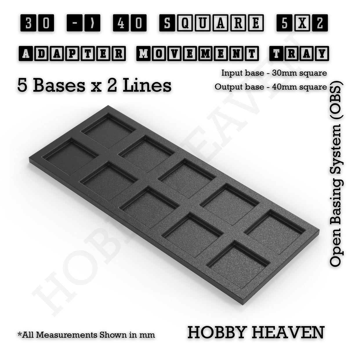 CGI render of the 30 to 40 mm square adapter, 5 × 2 formation, with 10 seats for 30 mm square bases.