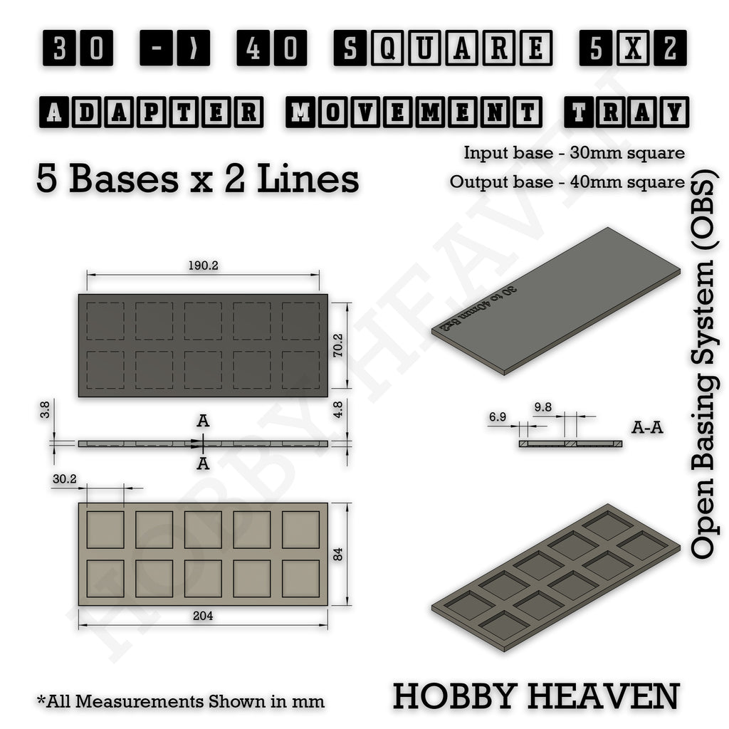 Technical drawing of the 30 to 40 mm square adapter, 5 × 2 formation: 204 × 84 mm overall, 4.8 mm tall.