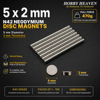 Overview panel for 5 x 2 mm N42 neodymium disc magnets - 470 g calculated pull to steel at zero gap, NiCuNi plating, axial magnetisation