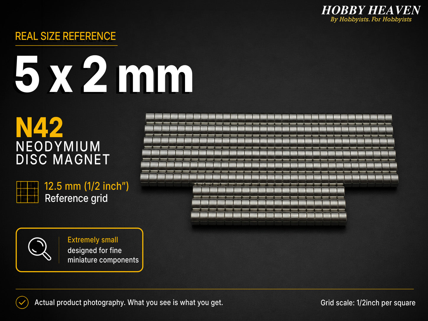 Stacked rows of 5 x 2 mm N42 neodymium disc magnets shown at real size on a half-inch reference grid
