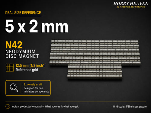 Stacked rows of 5 x 2 mm N42 neodymium disc magnets shown at real size on a half-inch reference grid