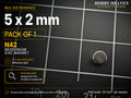 Pack of 1 - single 5 x 2 mm N42 neodymium disc magnet on a half-inch reference grid