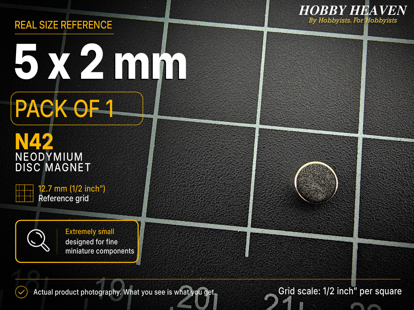 Pack of 1 - single 5 x 2 mm N42 neodymium disc magnet on a half-inch reference grid