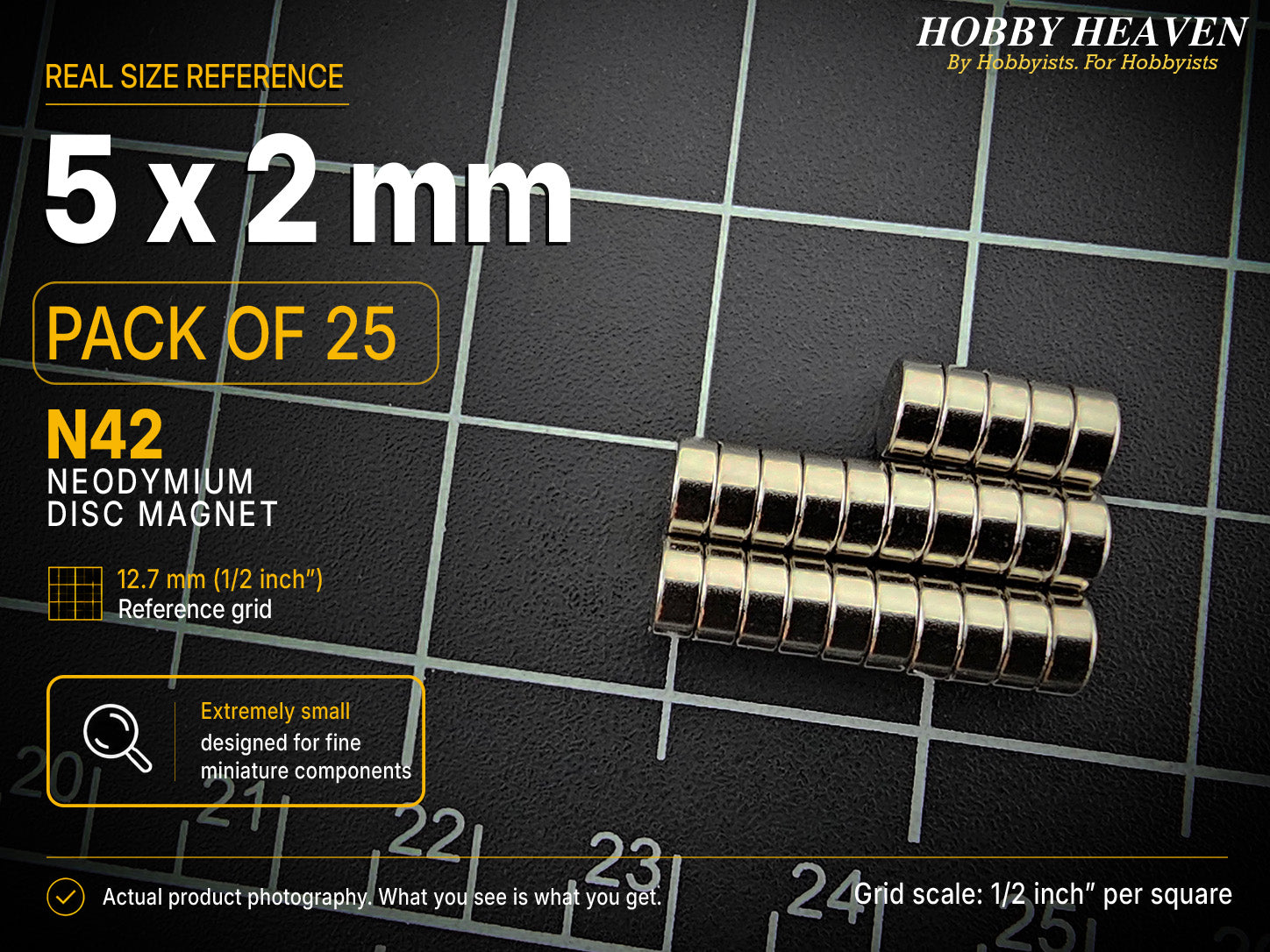 Pack of 25 - 5 x 2 mm N42 neodymium disc magnets in short stacked rows on a half-inch reference grid