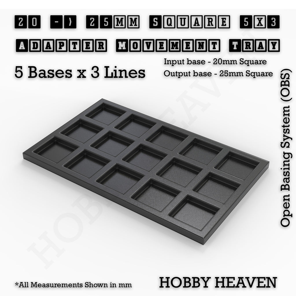 CGI render of the 20 to 25 mm square adapter, 5 × 3 formation, with 15 seats for 20 mm square bases.