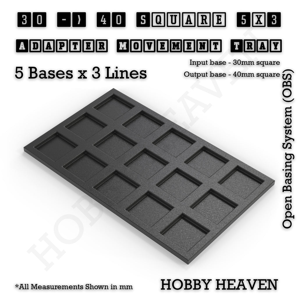 CGI render of the 30 to 40 mm square adapter, 5 × 3 formation, with 15 seats for 30 mm square bases.