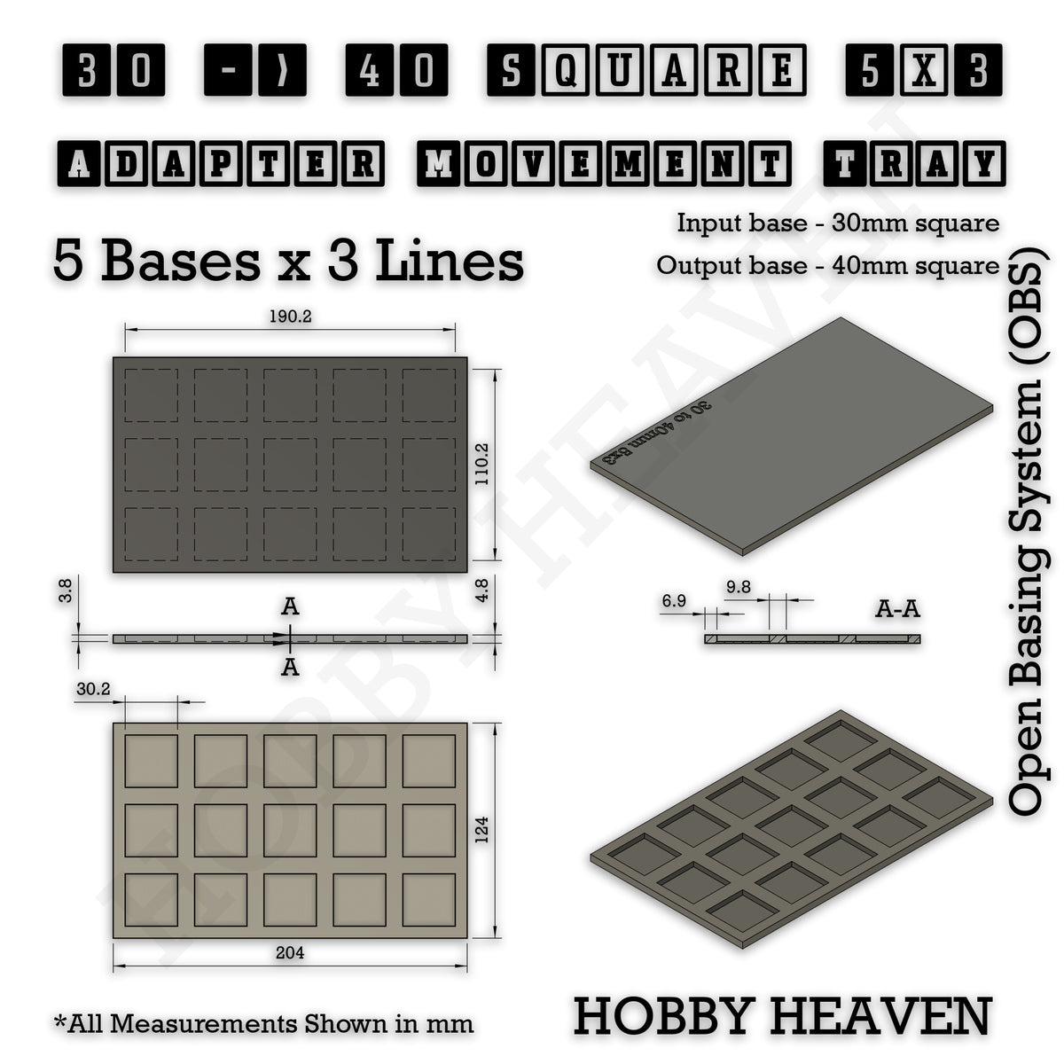Technical drawing of the 30 to 40 mm square adapter, 5 × 3 formation: 204 × 124 mm overall, 4.8 mm tall.