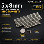 Overview panel for 5 x 3 mm N42 neodymium disc magnets - 650 g calculated pull to steel at zero gap, NiCuNi plating, axial magnetisation