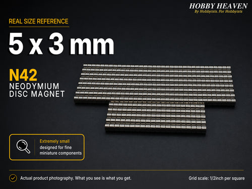Stacked rows of 5 x 3 mm N42 neodymium disc magnets shown at real size on a half-inch reference grid