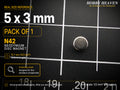Pack of 1 - single 5 x 3 mm N42 neodymium disc magnet on a half-inch reference grid