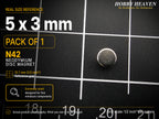 Pack of 1 - single 5 x 3 mm N42 neodymium disc magnet on a half-inch reference grid