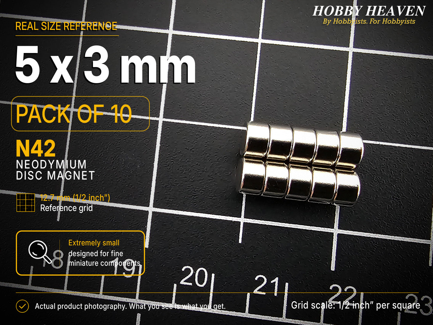Pack of 10 - 5 x 3 mm N42 neodymium disc magnets in two short stacks on a half-inch reference grid