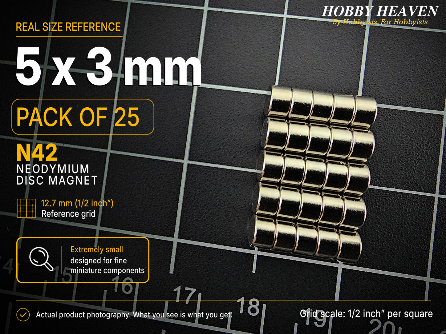 Pack of 25 - 5 x 3 mm N42 neodymium disc magnets in short stacked rows on a half-inch reference grid
