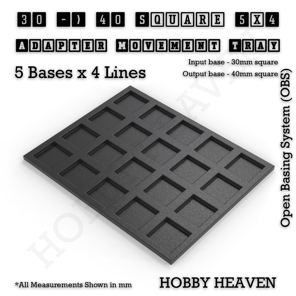 CGI render of the 30 to 40 mm square adapter, 5 × 4 formation, with 20 seats for 30 mm square bases.