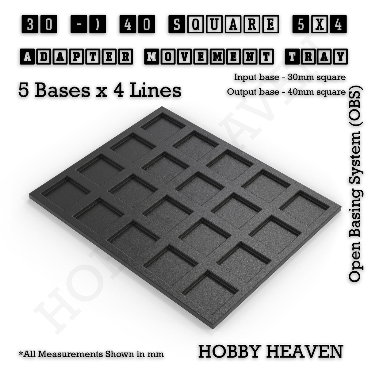 CGI render of the 30 to 40 mm square adapter, 5 × 4 formation, with 20 seats for 30 mm square bases.