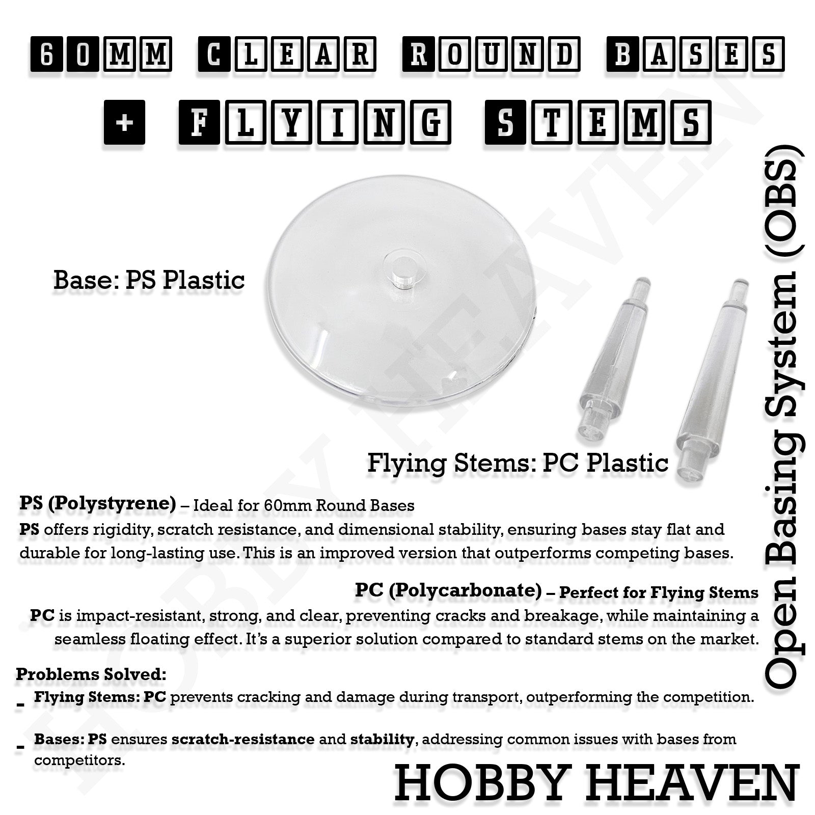 60mm clear round bases made from PS plastic with PC flying stems, durable impact-resistant tabletop basing solution