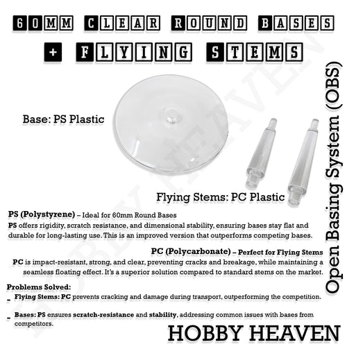 60mm clear round bases made from PS plastic with PC flying stems, durable impact-resistant tabletop basing solution