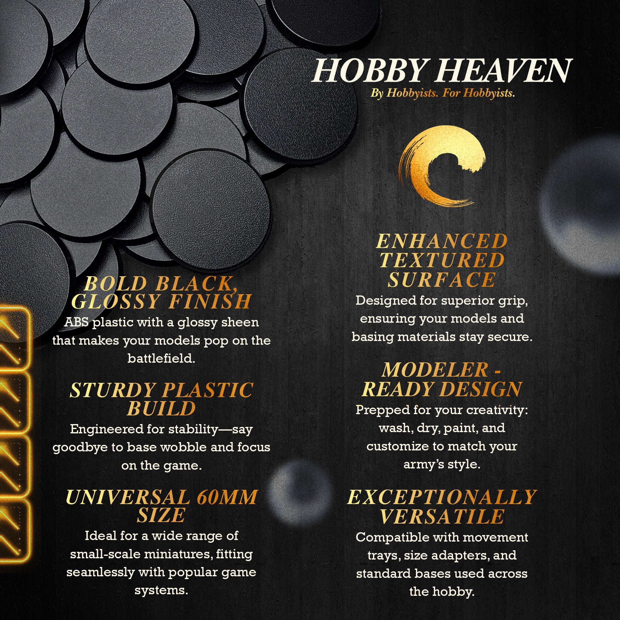 Infographic: 6 key benefits of 60mm round bases for wargaming - durability, compatibility, detailing ease, game variety, customization