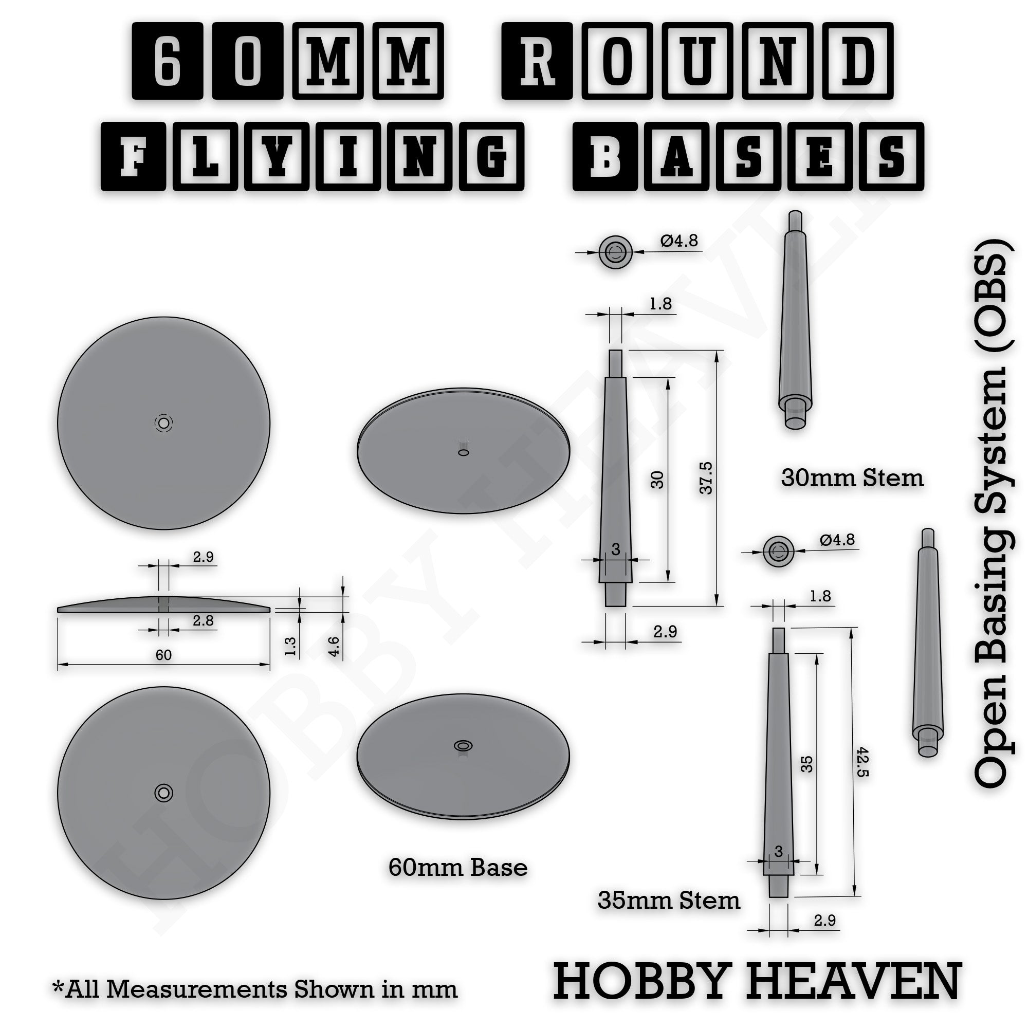 Technical drawing with dimensions of 60mm round flying base and 30mm and 35mm stems, measurements in mm