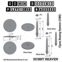 Technical drawing with dimensions of 60mm round flying base and 30mm and 35mm stems, measurements in mm

