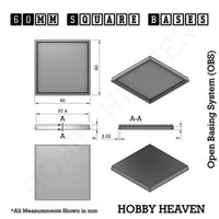 Technical Drawing of 60mm square gaming base with 3mm deep magnet slots.
