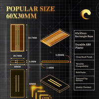 Technical drawing of 60x30mm Rectangle Slotted base: top/side views, dimensions, surface texture details, edge profile for miniature wargaming
