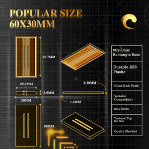 Technical drawing of 60x30mm Rectangle Slotted base: top/side views, dimensions, surface texture details, edge profile for miniature wargaming