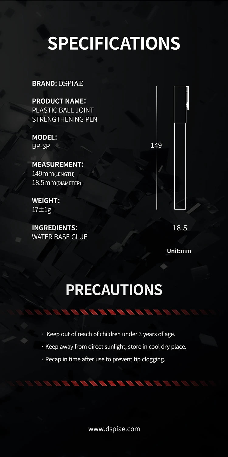 DSPIAE specifications for the BP-SP: 149 mm long, 18.5 mm across, 17 g, water base glue, with precautions