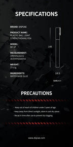 DSPIAE specifications for the BP-SP: 149 mm long, 18.5 mm across, 17 g, water base glue, with precautions