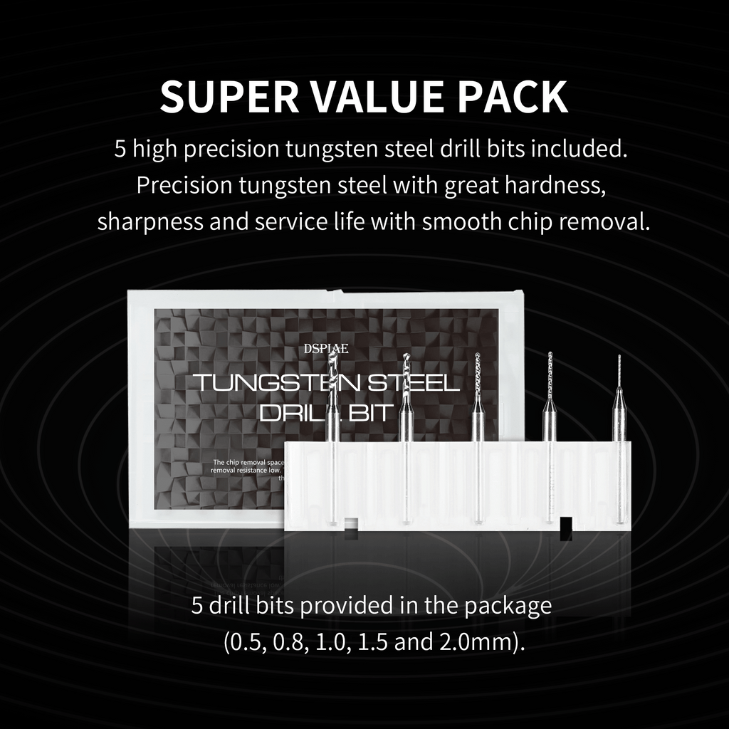 Five tungsten steel drill bits in stand, sizes 0.5, 0.8, 1.0, 1.5 and 2.0 mm
