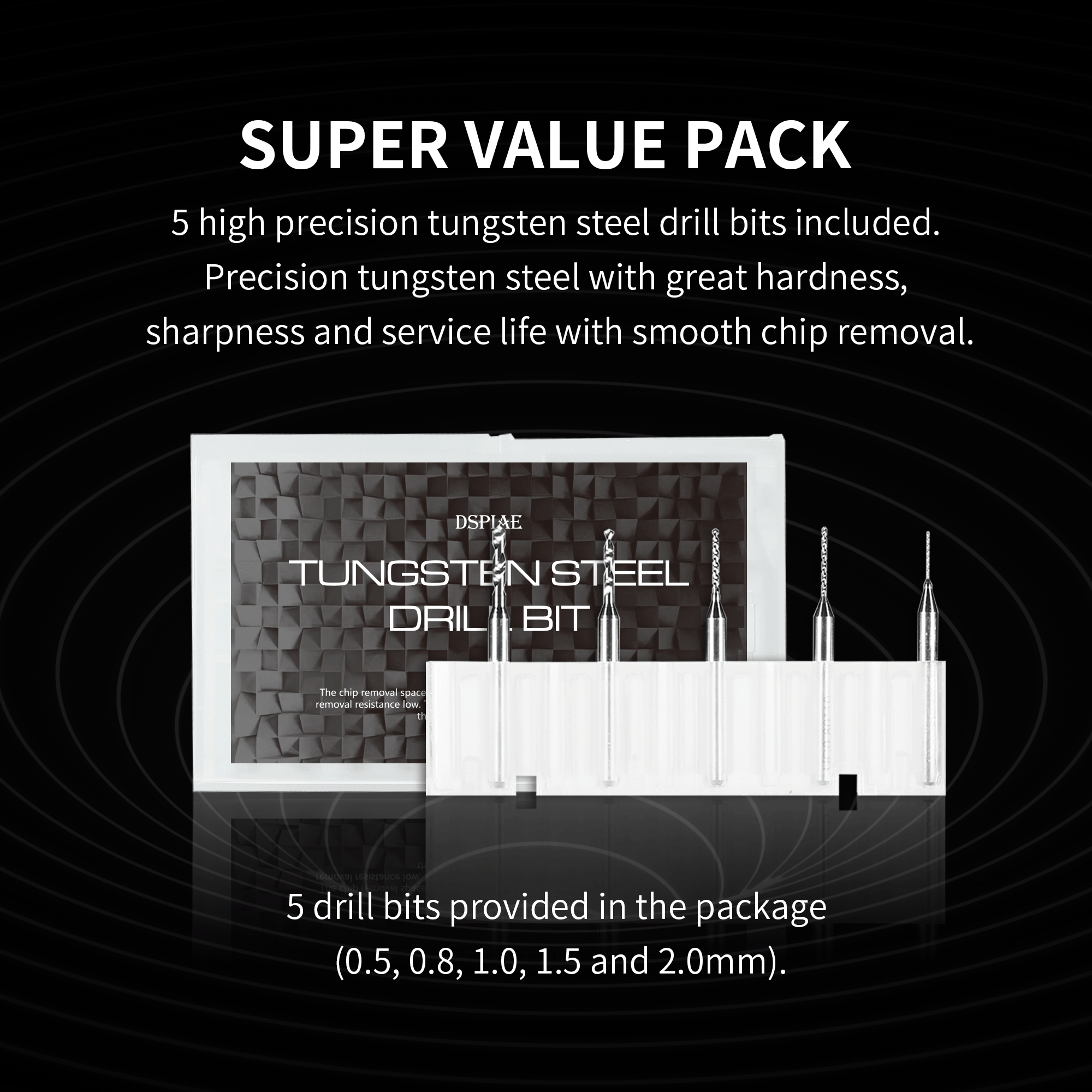 Five tungsten steel drill bits in stand, sizes 0.5, 0.8, 1.0, 1.5 and 2.0 mm