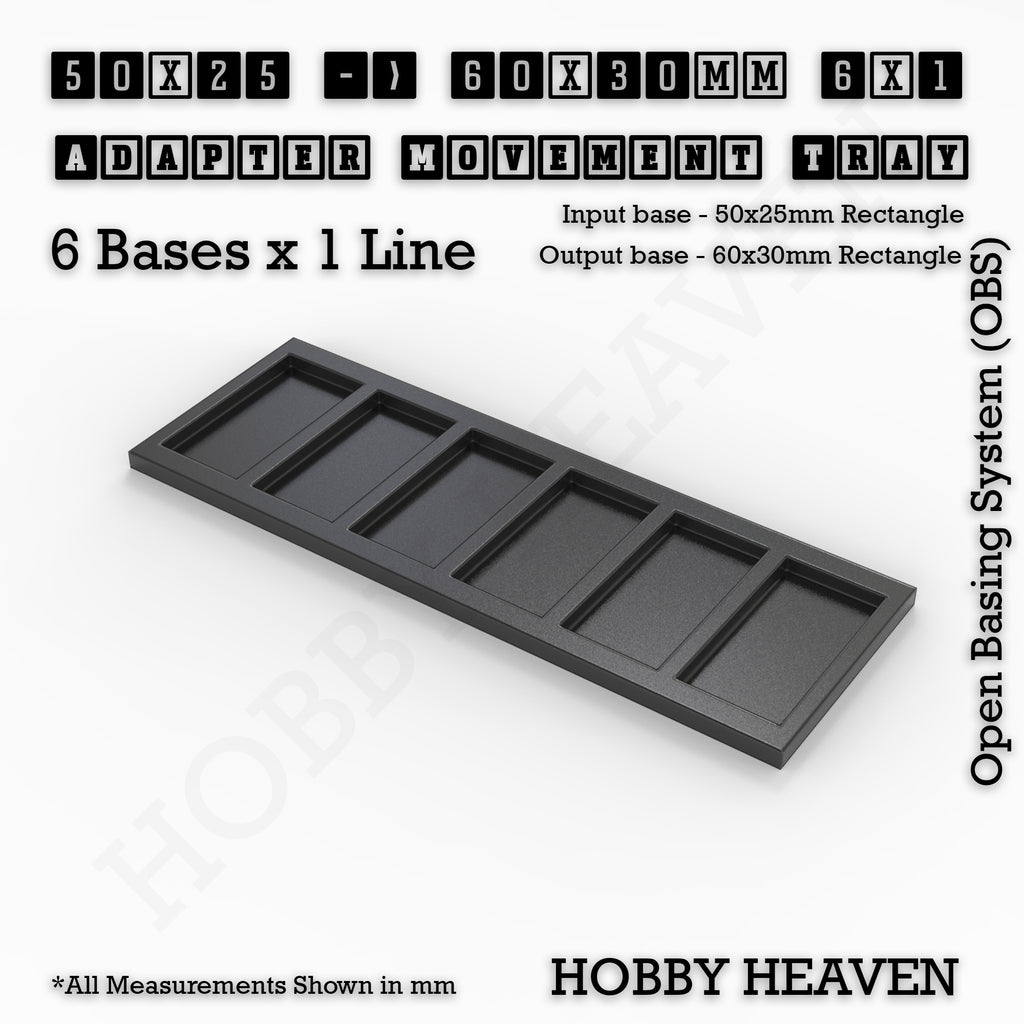 CGI render of the 50x25 to 60x30 mm rectangle adapter, 6 × 1 formation, with 6 seats for 50 × 25 mm rectangle bases.