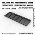 CGI render of the 50x25 to 60x30 mm rectangle adapter, 6 × 1 formation, with 6 seats for 50 × 25 mm rectangle bases.