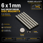 Overview panel for 6 x 1 mm N42 neodymium disc magnets - 290 g calculated pull to steel at zero gap, NiCuNi plating, axial magnetisation