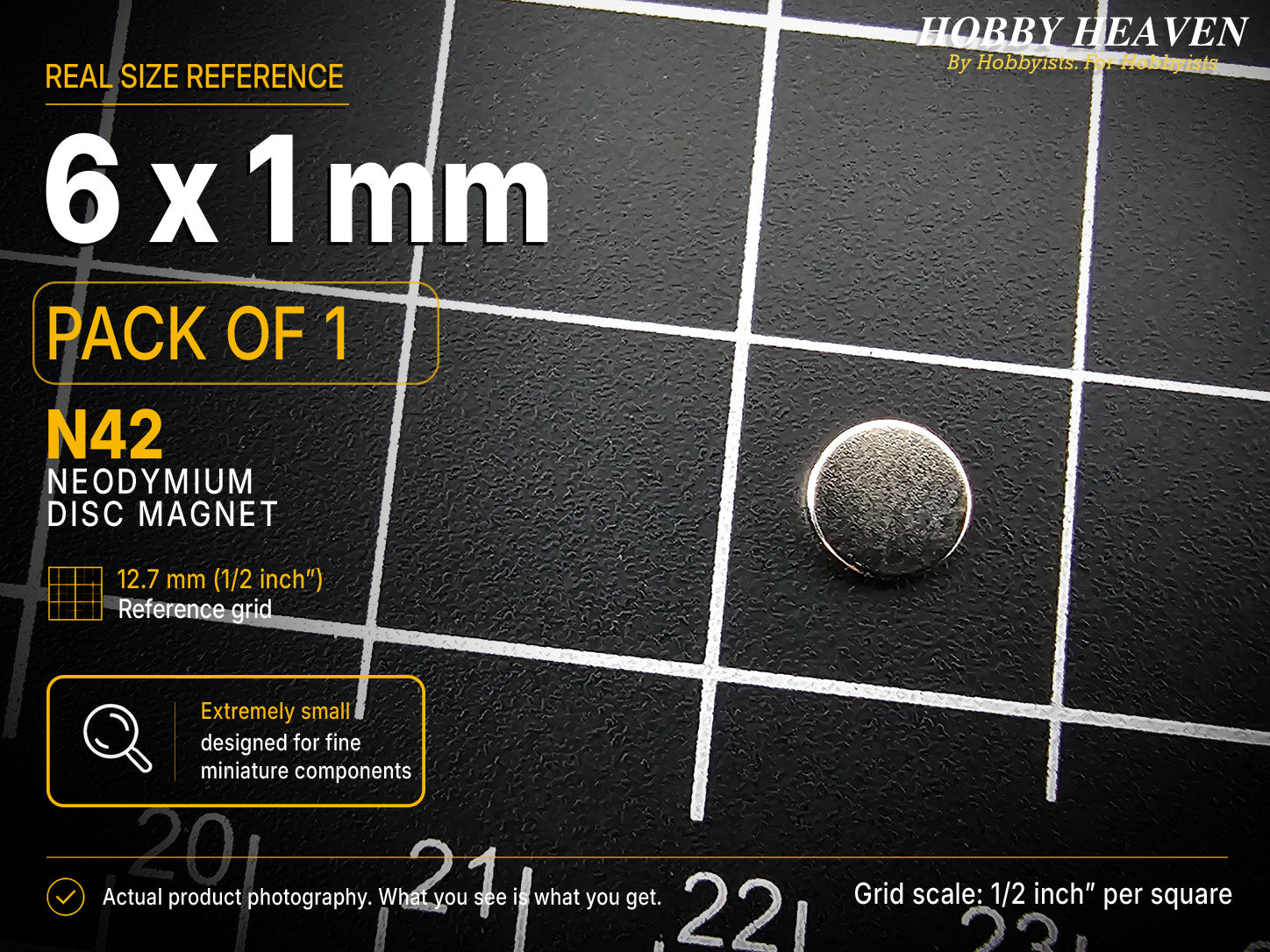Pack of 1 - single 6 x 1 mm N42 neodymium disc magnet on a half-inch reference grid