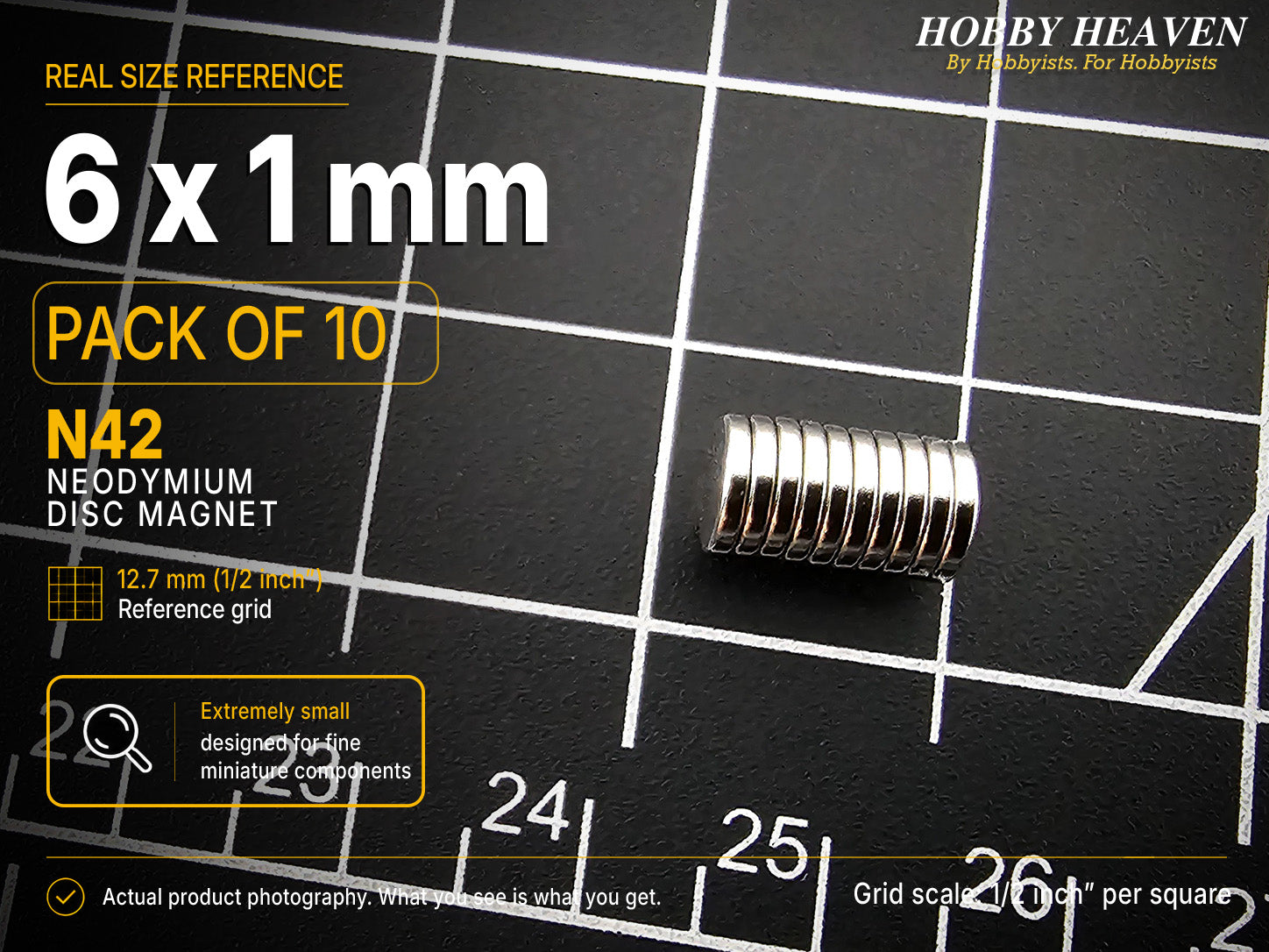 Pack of 10 - 6 x 1 mm N42 neodymium disc magnets stacked in a single column on a half-inch reference grid
