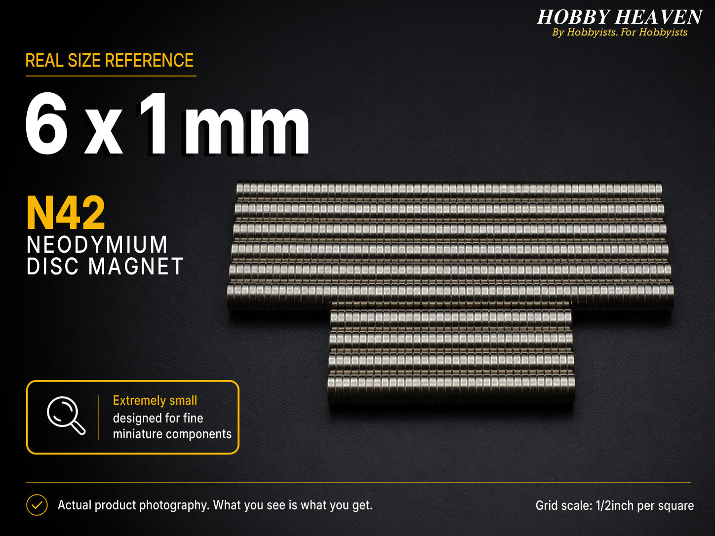 Stacked rows of 6 x 1 mm N42 neodymium disc magnets shown at real size on a half-inch reference grid