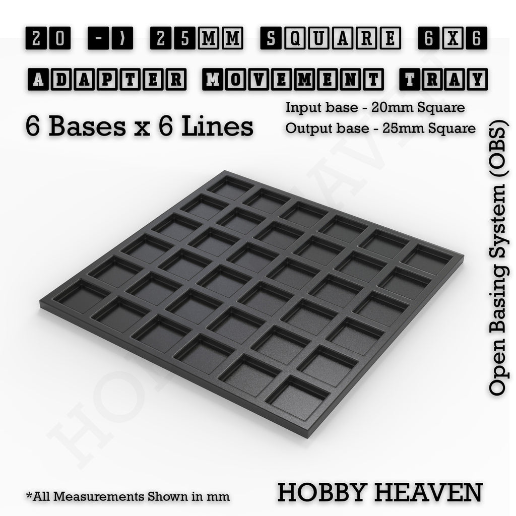 CGI render of the 20 to 25 mm square adapter, 6 × 6 formation, with 36 seats for 20 mm square bases.