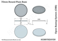 Technical drawing of 70mm round base with dimensions
