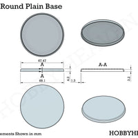 Technical drawing of 70mm round base with dimensions