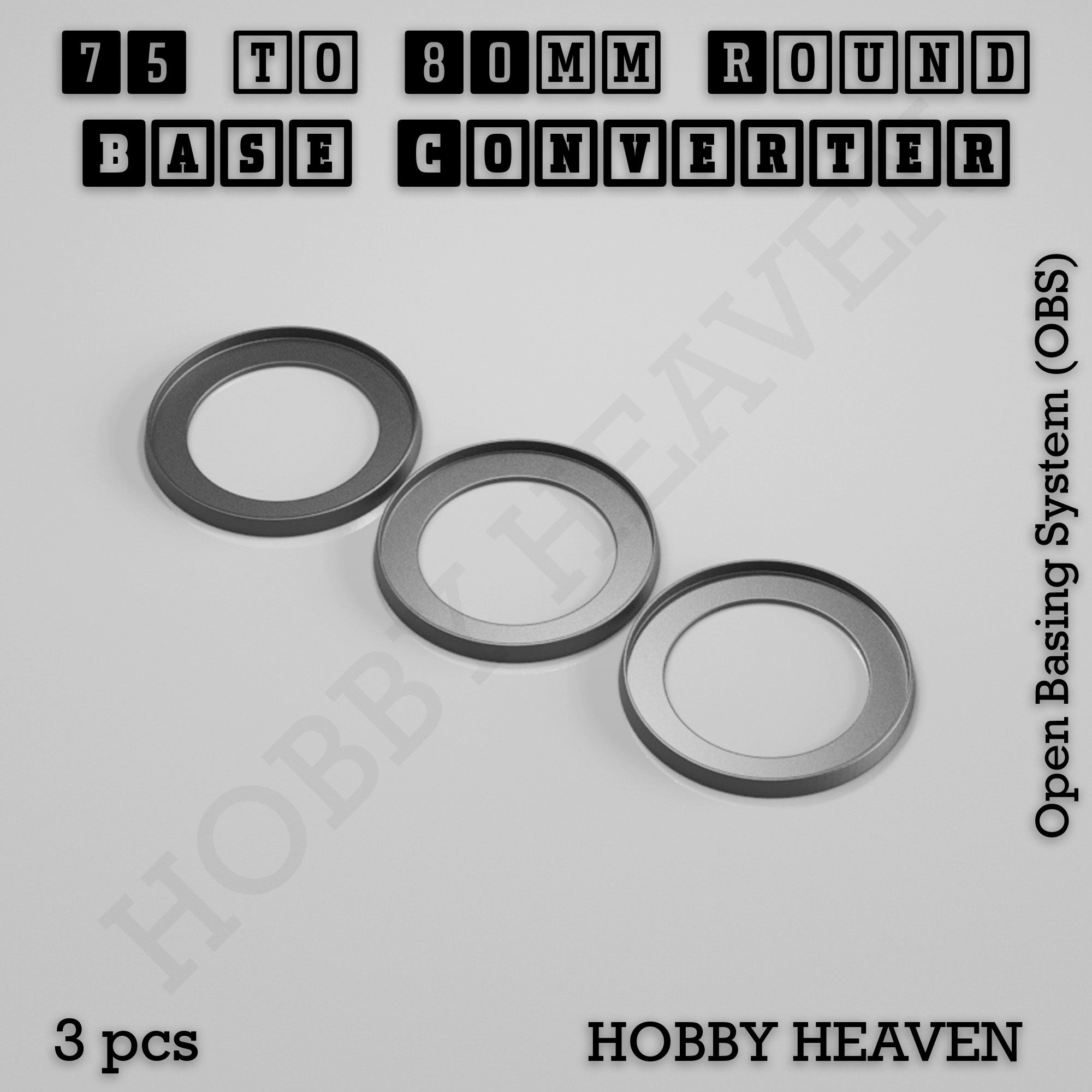 Three round base converter rings, 3D-printed in PLA, shown loose.