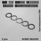 Five round base converter rings, 3D-printed in PLA, shown loose.