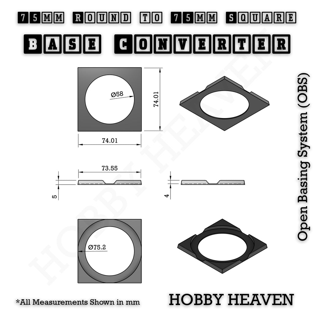 Technical drawing of the 75mm round to 75mm square base converter: 74.01mm square, 5mm tall.